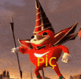 a red cartoon character is wearing a wizard hat and holding a spear with the word pic written on it .