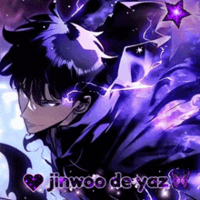a picture of a man with a purple star and the words jinwoo de yaz on it .