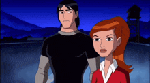a man and a woman standing next to each other in a cartoon