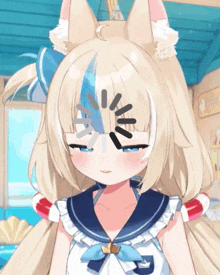 a blonde anime girl with a blue and white stripe on her hair