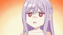 a cartoon girl with purple hair and red eyes is making a funny face