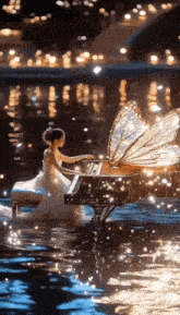 a woman in a white dress is playing a piano in the water with a butterfly wing .