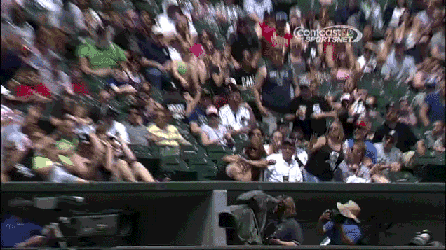 Baseball fan saves wife from flying bat. Gets kiss. : r/gifs