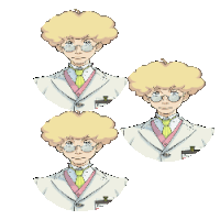 a cartoon drawing of a man with blonde hair wearing glasses and a name tag