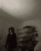 a person standing in a dark room with a shelf behind them that has a statue of a man on it