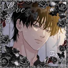 a picture of a man with a bow in his hair and the word love written on it