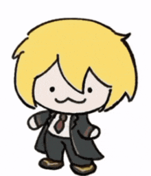 a cartoon character with yellow hair and a mustache is wearing a black suit and tie .