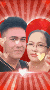 a man and a woman are posing for a picture with hearts in the background