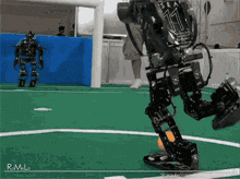 a robot is kicking a ball on a green field with rml written on the bottom right