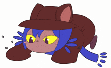 a drawing of a cat wearing a hat and blue hair