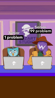 a cartoon of a man and a bird sitting at a desk with laptops and the words junior 99 problem and senior 99 problem below them