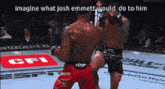 a man in a venum shorts is kicking another man in a boxing match