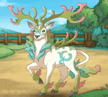 a cartoon drawing of a deer with green and pink antlers and the letter p on its back