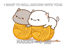 a cartoon of two cats holding balls of yarn with the caption " i want to roll around with you naked ! "