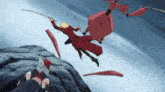 a man with a sword is flying through the air