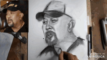 a drawing of a man with a hat that says mc 8 on it