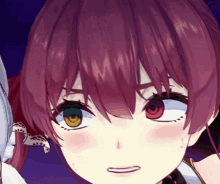 a close up of a anime character with red hair and green eyes