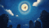 a cartoon drawing of a full moon with a frog flying through it