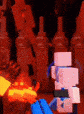 a video game character is standing in front of a row of bottles .