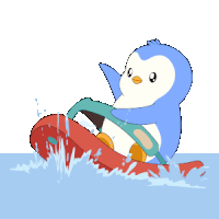 a blue and white penguin is riding a red jet ski