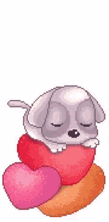 a pixel art of a dog sleeping on top of a pile of hearts .