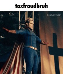 a man in a superhero costume is standing in front of a cross with the words taxfraudbruh above him