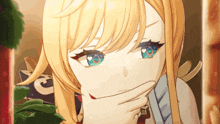 a girl with blonde hair and blue eyes is looking at the camera