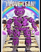 a purple robot with a rainbow in the background and the words `` i love lean '' on the bottom .