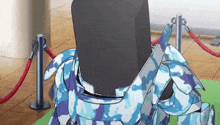 a drawing of a person wearing a blue and purple camouflage armor