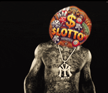 a man with a balloon in his head that says lotto on it