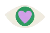 a white eye with a purple heart in a green circle