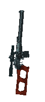 a sniper rifle with a scope and a red handle
