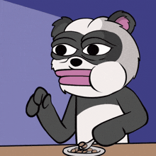 a cartoon drawing of a raccoon eating cereal with a spoon