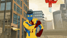 a cartoon of a man in a blue and yellow superhero costume