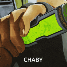 a cartoon drawing of a person holding a bottle that says chaby on it