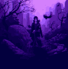 a pixel art of a person standing in a forest