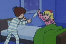 a cartoon of a girl holding a knife in front of a boy in pajamas