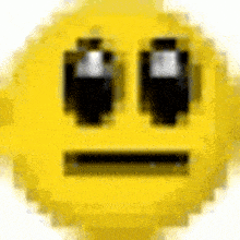 a pixel art of a yellow smiley face with a serious expression .