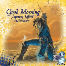 a picture of a man holding a wand with the words good morning journey before destination