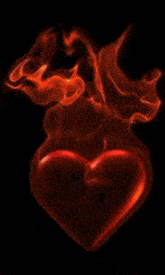 a red heart surrounded by flames on a black background .