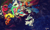an astronaut is floating in space surrounded by colorful objects and runway written on the bottom
