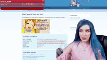 a woman with blue hair is sitting in front of a computer screen
