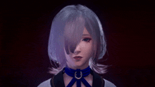 a close up of a person 's face with a choker around their neck