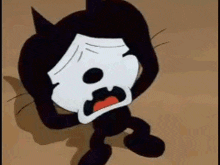 a black and white cartoon cat with a white mask on his face