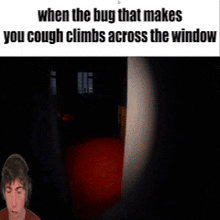 a man is playing a video game and says when the bug that makes you cough climbs across the window .