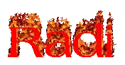 the word radi is written in red with flames coming out of the letters