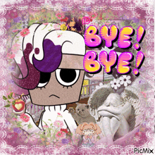 a cartoon character is surrounded by flowers and the words bye bye