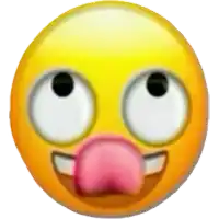 a yellow smiley face with a pink nose and tongue sticking out