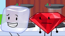 an ice cube and a red diamond are standing next to each other on a table