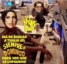 a cartoon of a woman sitting at a desk with the words " dia de buscar a thalia en siempre en domingo "